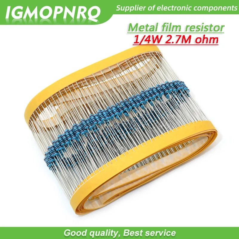 Anel resistor de filme de metal com 100 peças, anel de cinco cores de tecelagem de 1/4w 0.25w 1% 2m7 2m7 ohm 2m7ohm