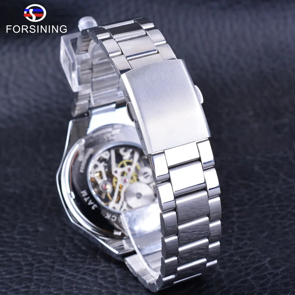 Forsining Watch + Bracelet Set Combination Transparent Silver Steel Band Mechanical Skeleton Sport Wrist Watches Men Brand Clock