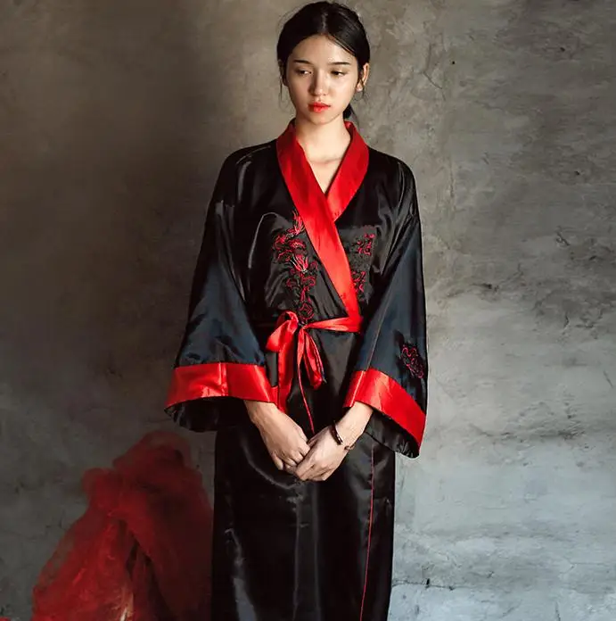 Novelty Reversible Black Red Women Satin Kimono Handmade Embroidery Dragon Nightgown Robe Gown Two Side Sleepwear