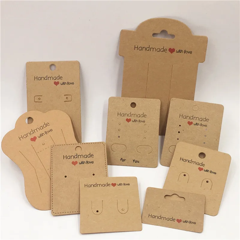 

100Pcs/Lot Multiple Style Size Necklace Earring Cards Series Kraft Paper Cardboard Handmade With Love Jewelry Display Package