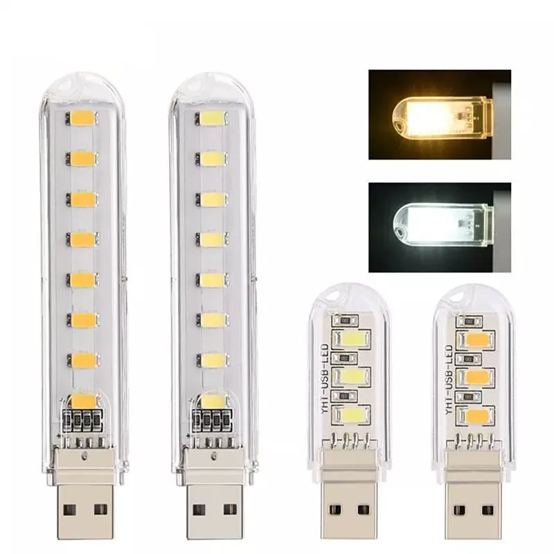 Mini USB LED Night Light 3LED 8LED Bulb Cold Warm White, Lámpara USB para leer Gadget Notebook Power Bank Computer Laptop, nuevo