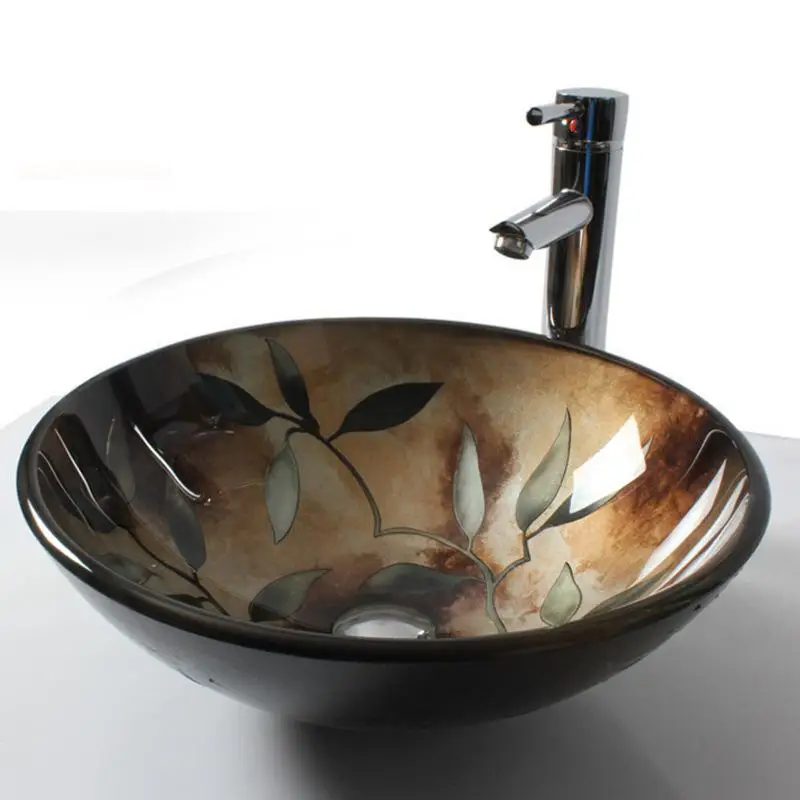 

Bathroom Glass Vessel Sink round with leaf pattern+ Chrome Faucet & Drain