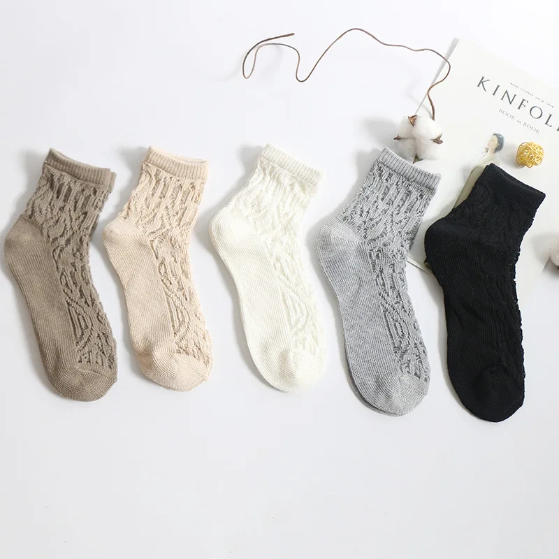 5 Pairs/Lot Winter Women Harajuk 90% Cotton Hollow-out Coarse Yarn Crew Socks Femme Beige/Camel Pure Color Tube Meias De Mujer