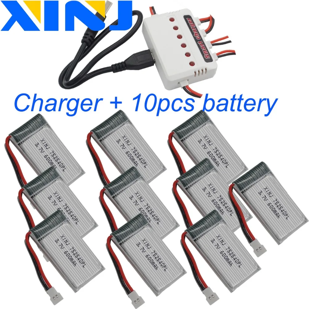 Charger+10pcs 3.7V 600 mAh 2.22Wh 25C Polymer Lipo Li Battery 752540 XH2.54mm Plug For Syma X5C X5SC TK M80 RC Quadcopter Drone