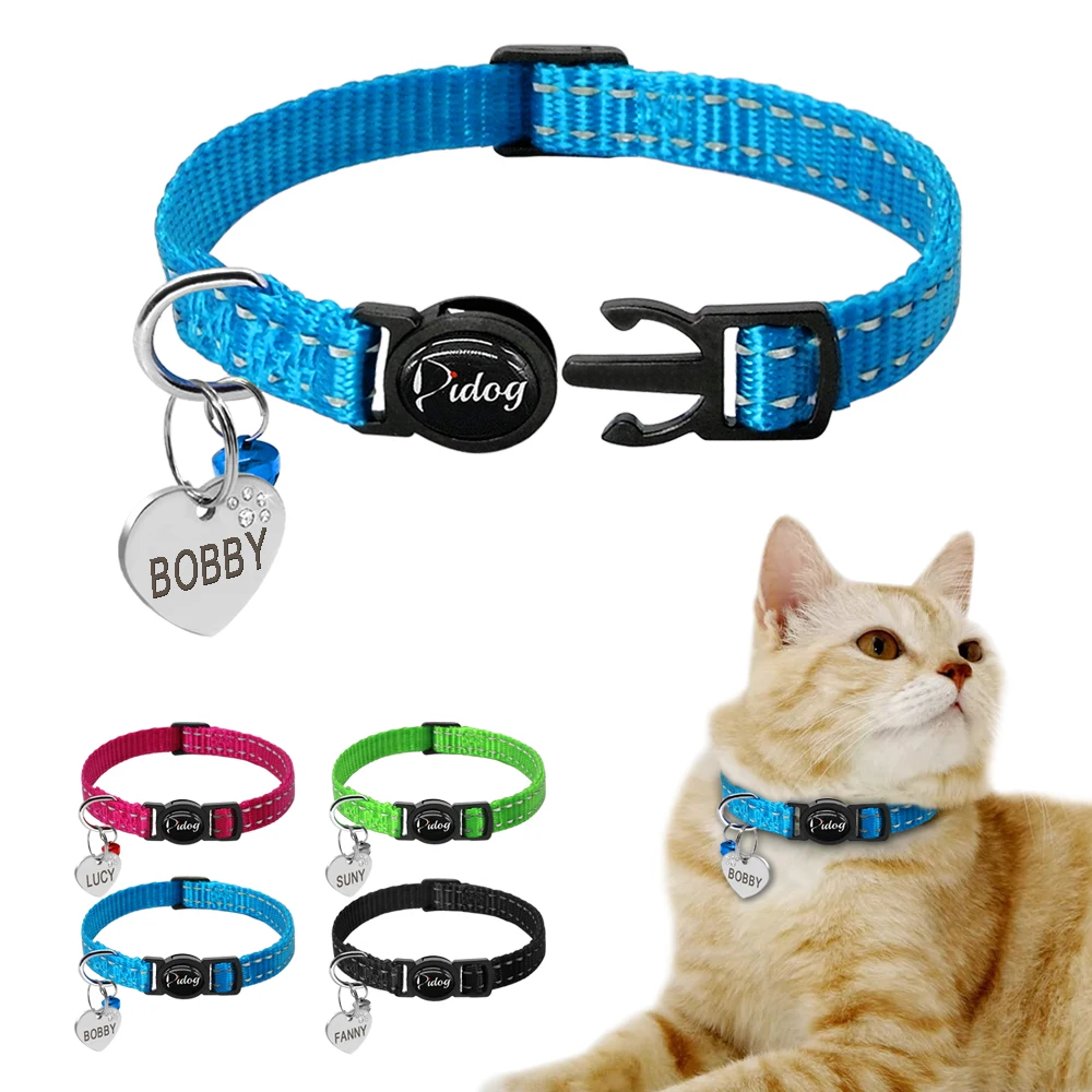 Quick Release Kitten Cat Collar Reflective Personalized Puppy Dog ID Collars Engraved With Bell Free Tag Nameplate For Small Pet