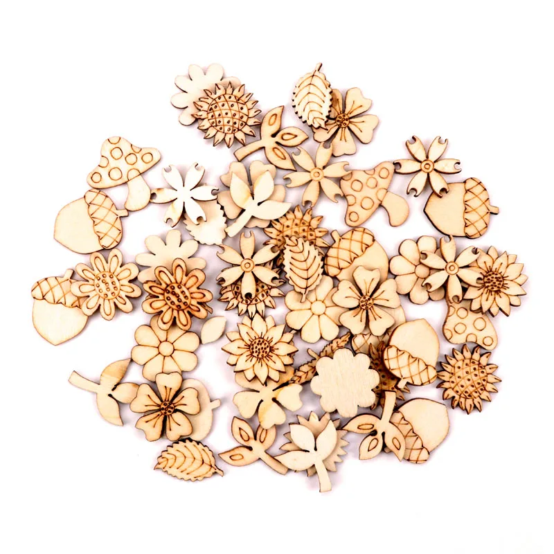 Home Decoration Handmade Accessory Scrapbooking Craft  DIY Natural Flower Leaves Pattern Wooden Embellishment 24-30mm 50pcs