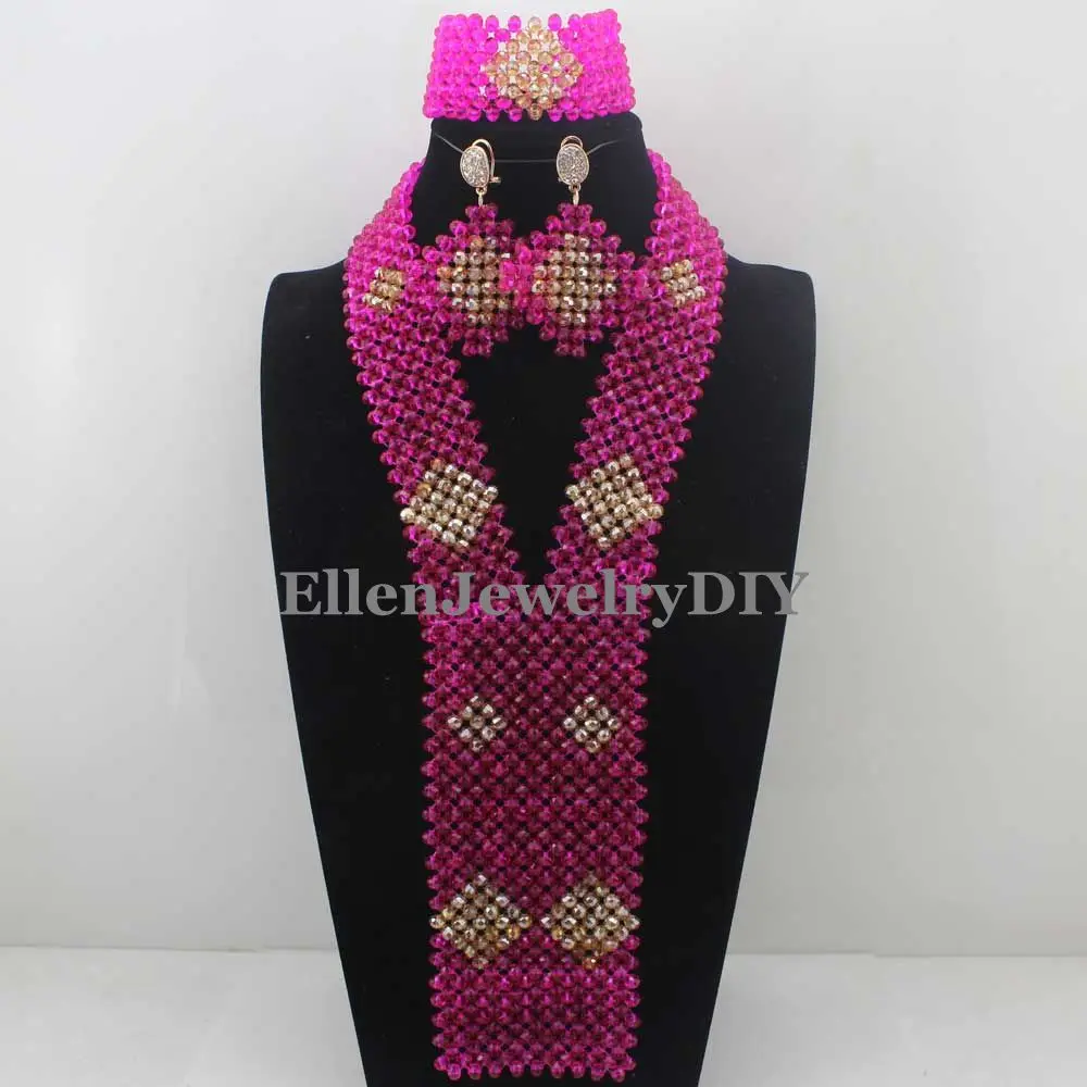 Fuchsia Hot Pink Crystal Bib Statement Necklace Set Traditional Nigerian Wedding Jewelry Set for Brides Free ShippingW12976