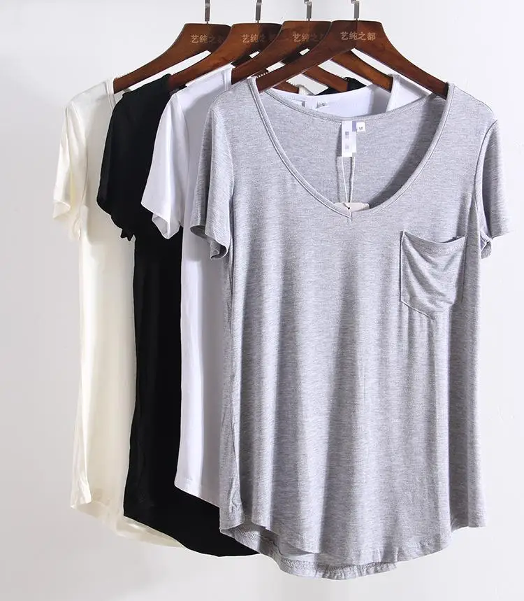 S-4XL 여성용 캐주얼 단색 모달 V넥 반팔 티셔츠, 단색 얇은 셔츠, 탑 보터밍 프리 스타일