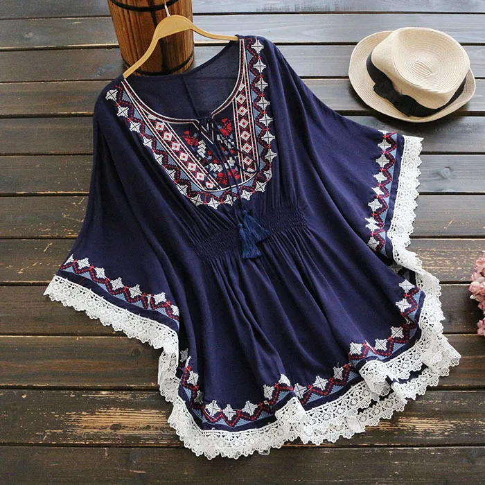 Retro Boho Style Embroidery Shirts Blouses Womens Summer Cloak Top Loose Cotton Lace Hem Bat sleeve Kimono Shirt Blusa Feminina