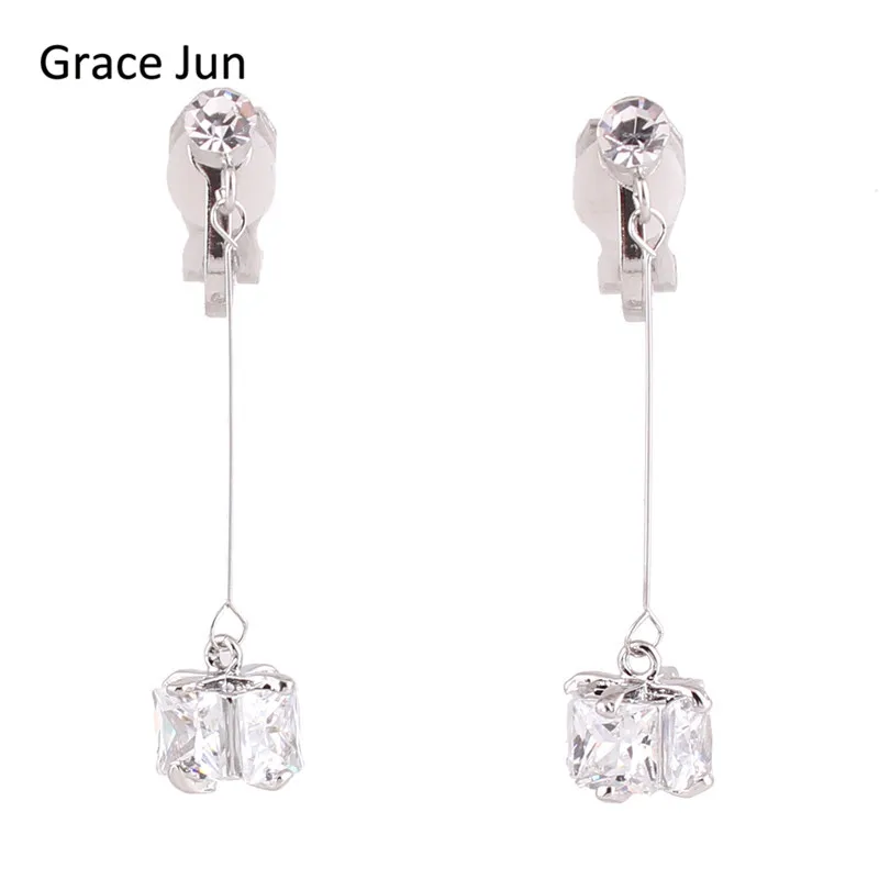 Grace Jun High-grade Full AAA Cubic Zircon Long Clip on Earrings Non Piercing for Women Elegant Jewelry Long Pierced Earrings