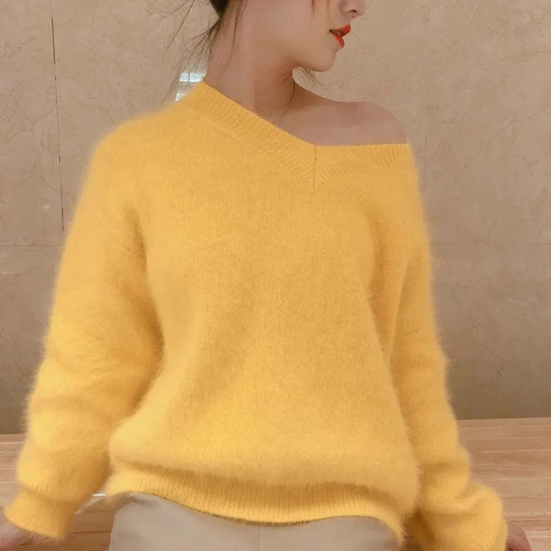 New long wool mink cashmere sweater, loose long sleeve knitted V-neck bottom shirt, free delivery S181118