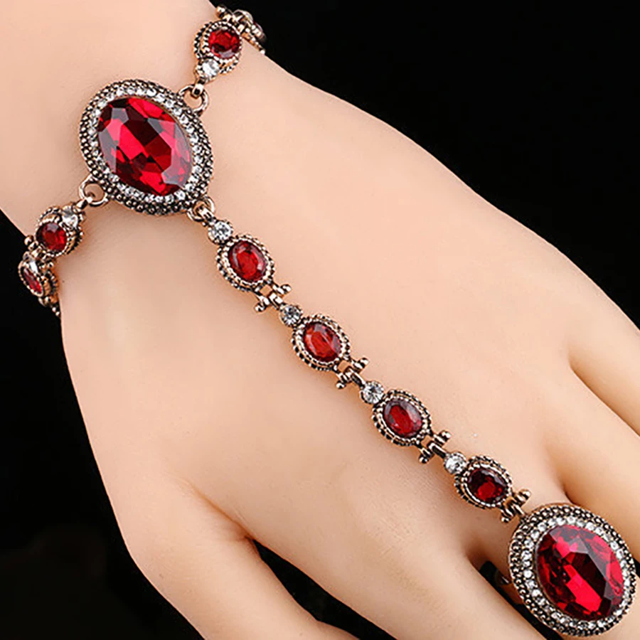 Big Red Glass Stone Finger Ring Bracelet Indian Antique Gold Crystal Hand Harness Bracelets For Women Wedding Jewery