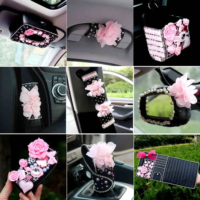 Flower Car Interior Decoration Accessories For Women Seat Belt Mirror Visor Cover Diamond Leather Steering Wheel Case Tissue Box