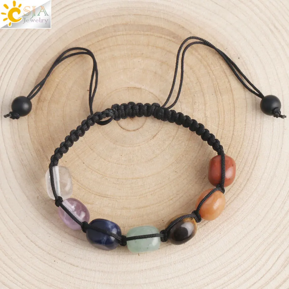 CSJA 7 Chakras Bracelets Reiki Natural Stone Braided Women Bracelet Healing Irregular Bead Handmade String Rope Adjustable G022 image 2