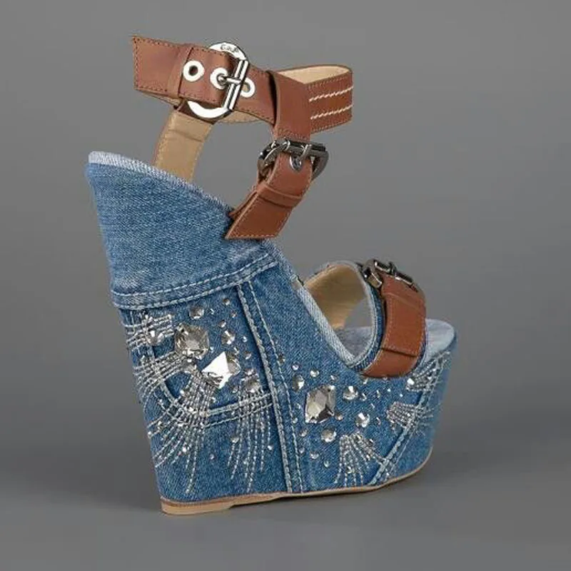 Summer Glitter Crystal Side Wedges High Heel Sandals Women Blue Denim Sandals Brown Leather Patched Buckles Ladies Shoes