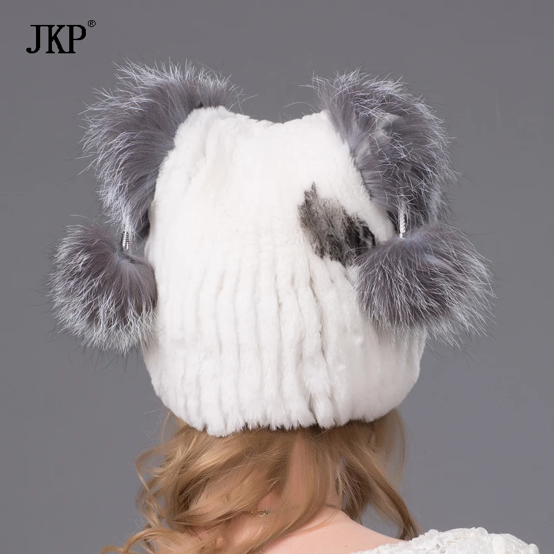 Women\'s Real Natural Rex Rabbit Knitted Winter Hat Warm Thick Fox Fur Ball Plush Cap Cute Stitching Female Header Gift THY-29