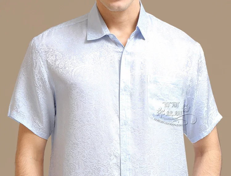 Plus - size 2024 men's shirt mulberry silk spring and summer casual shirts with short sleeves Cashew grain pale blue L - XXXL