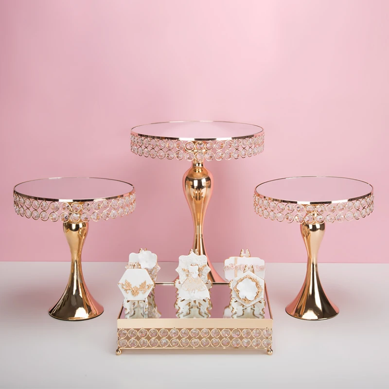 New arrive Gold Crystal cake stand set Electroplating gold mirror face wedding party table candy bar table decorating tools