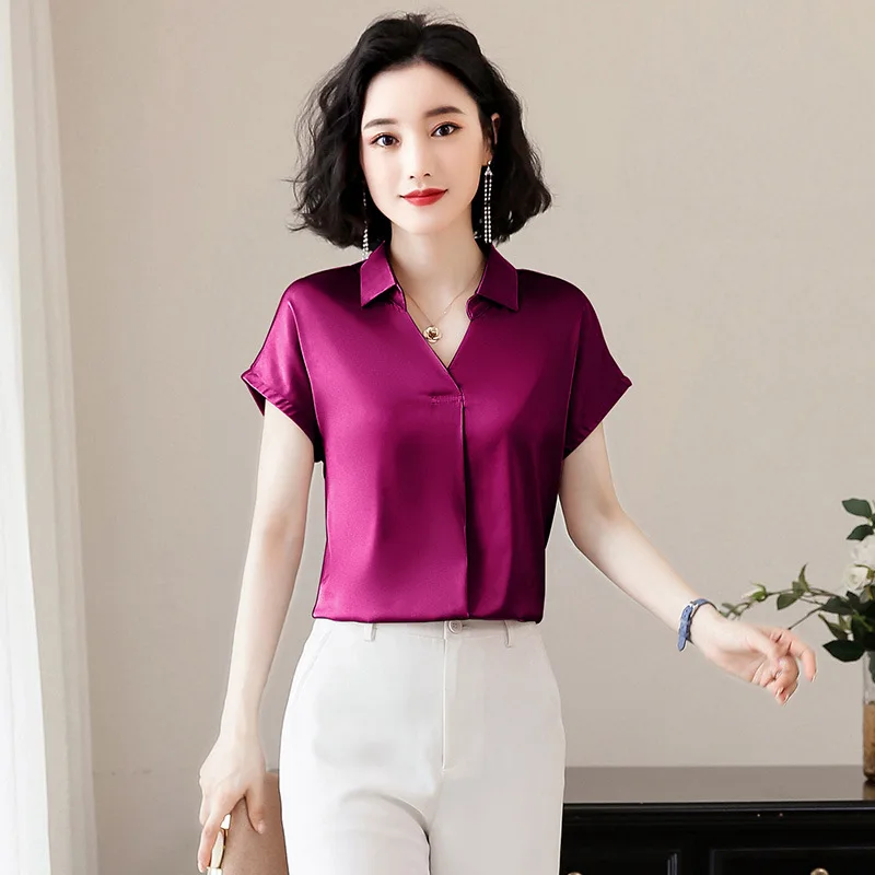 Imitazione di Seta Della Camicia Della Donna di Estate Nuovo A Maniche Corte Sciolto Camicette di Grandi Dimensioni di Colore Solido Femminile Del Collare di V Casual Piano di Lavoro h9149