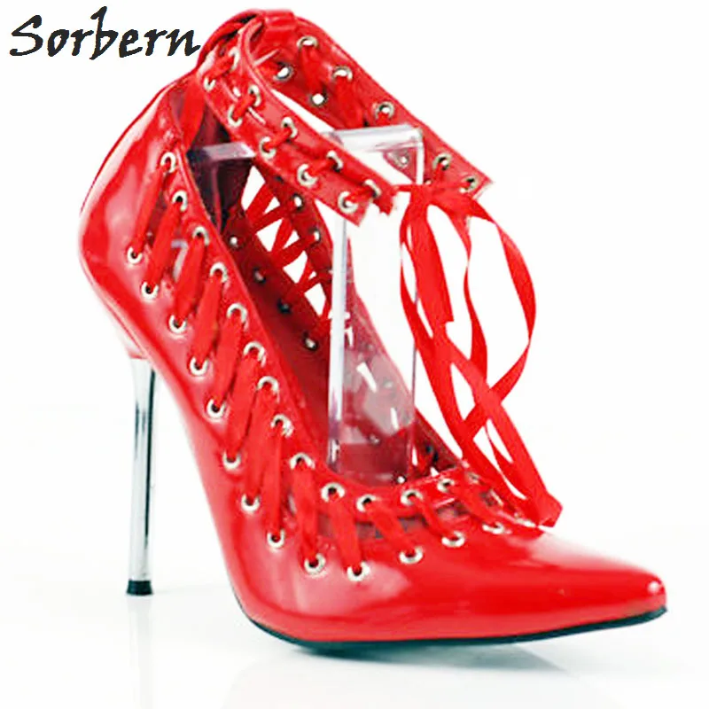 

Sorbern Black Hollow Out Pointed Toe Metal Heels Women Pumps Ankle Straps Rivet Hole Sexy Fetish Shoes Pump Stilettos Heeled