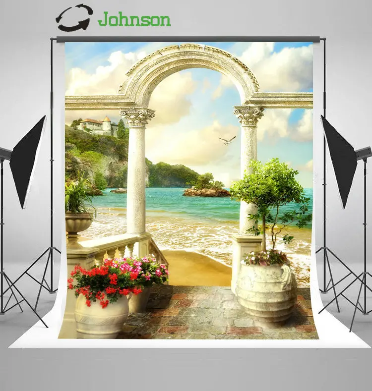 

Arch Greek Column Sea Beach Flower Leaves Coastal Patio photo backdrop Vinyl cloth Computer print wedding background