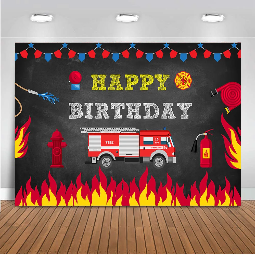 Fire Truck Happy Birthday Firetruck Photography Backdrop Party Fireman Fire Background for Photo Studio Firefighter boy Photocal