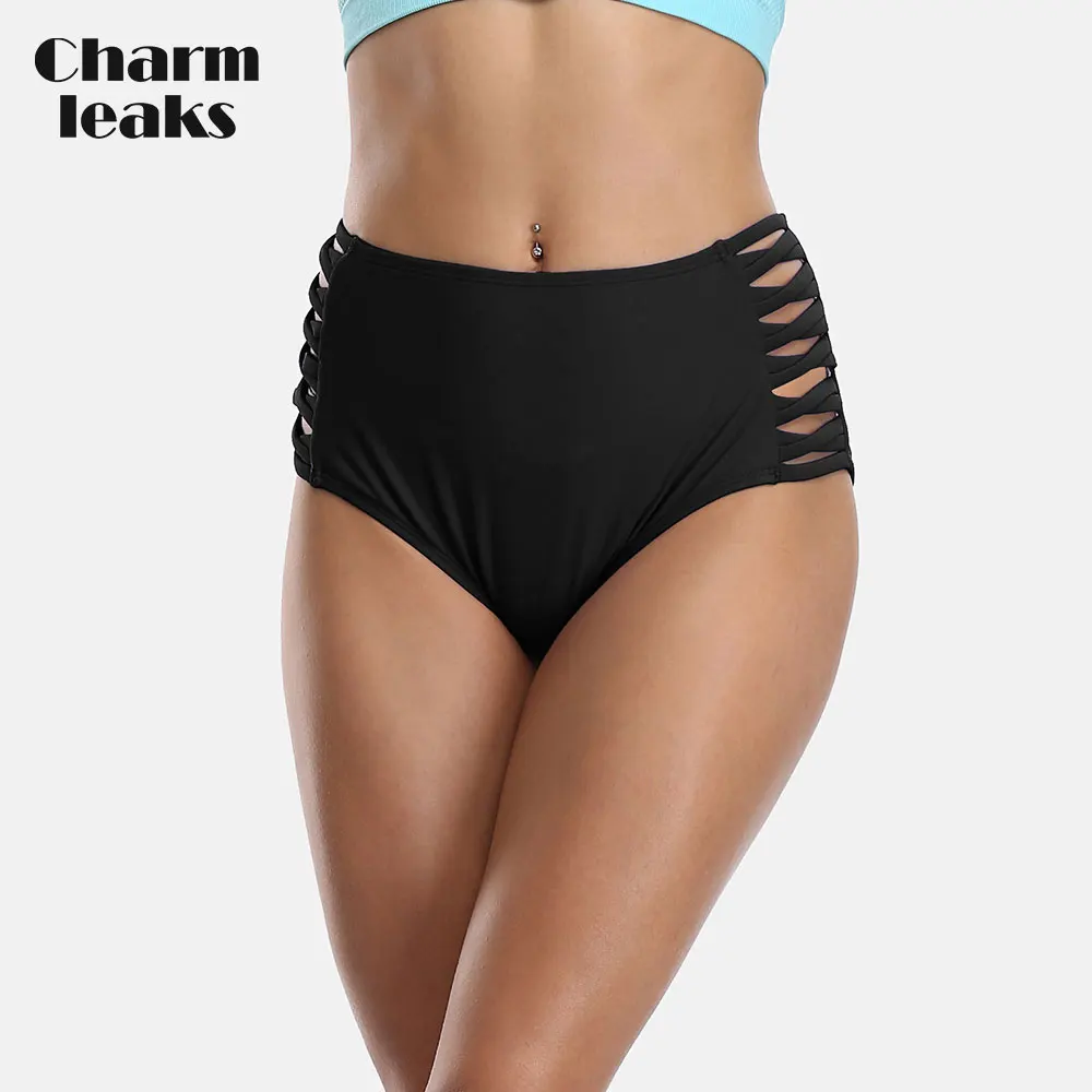 Charmleaks Women High Waist Bikini Bottom Ladies Cutout Swim Trunks Solid Color Swimwear Briefs Sexy Swimming Bottom