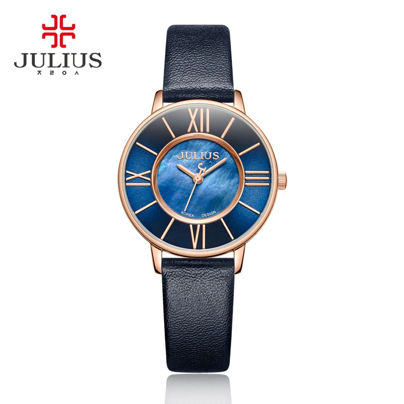 Julius Watch Women Thin Leather Wristwatch Shell dial Clock Gray RoseGold 30M Waterproof Japan Quartz Movt Stainless back JA-961