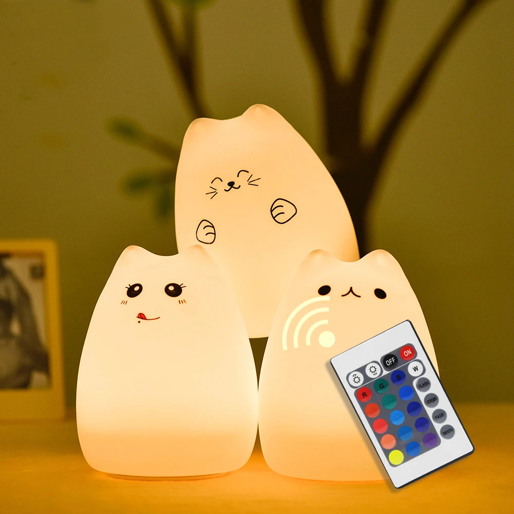 Cat LED Night Light Touch Sensor Remote Control 16 Colors Dimmable USB Rechargeable Silicone Animal Lamp for Children Baby Gift