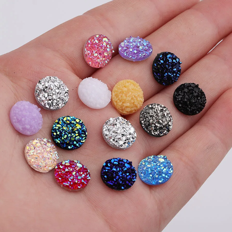 Fnixtar 10mm AB Color Druzy Stone Resin Round Flat Back Cabochon For DIY Jewelry Decoration Making Multicolor 100piece/lot