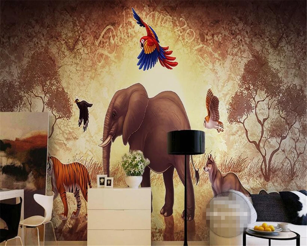 

Beibehang 3D Wallpaper European Retro Abstract Forest Cartoon Hand Painted Elephant Parrot Background wallpaper for walls 3 d