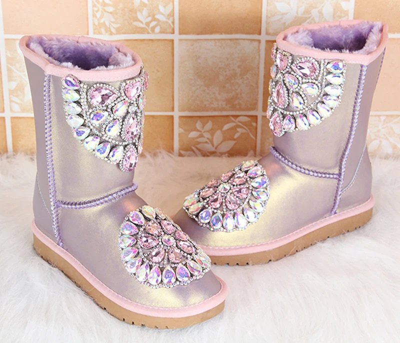 New Intrigue Purple Color Glitter Rhinestone  Embellished Snow Boots Winter Flat Warm Plush Inside Med calf Crystal Boots Shoes