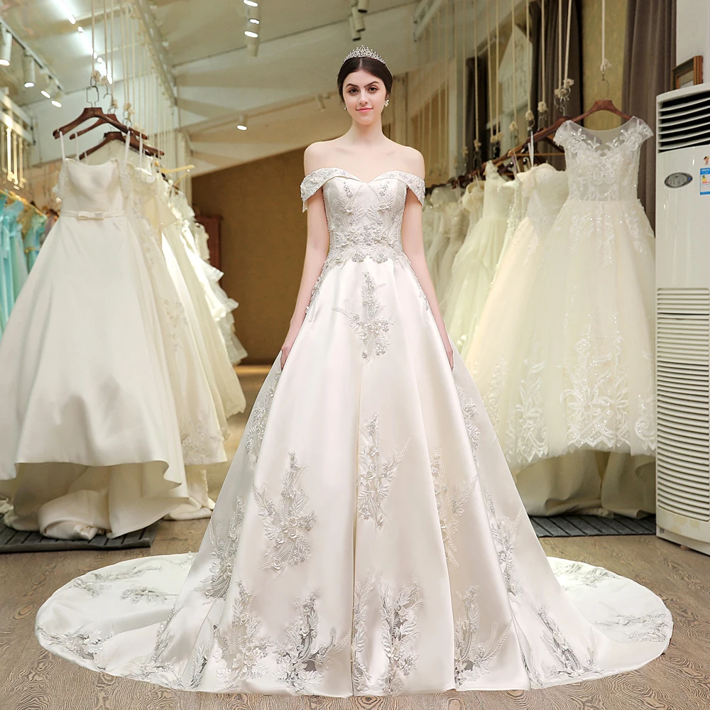 satin embroidered wedding dress Luxury Satin 3D Floral Long Sleeve Embroidered Wedding Dress SW601