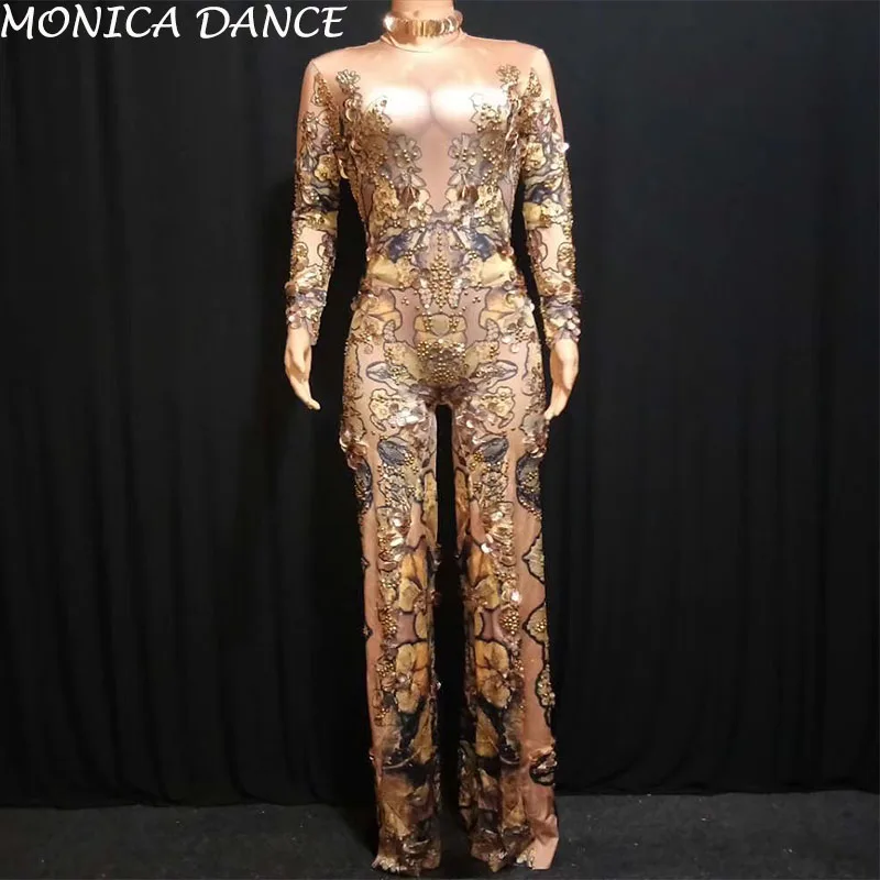 

Sexy Skinny Gold Rhinestones Rompers Female Singer Dancer Big Pants Costume One-piece Nightclub Birthday Oufit Party Jumpsuit