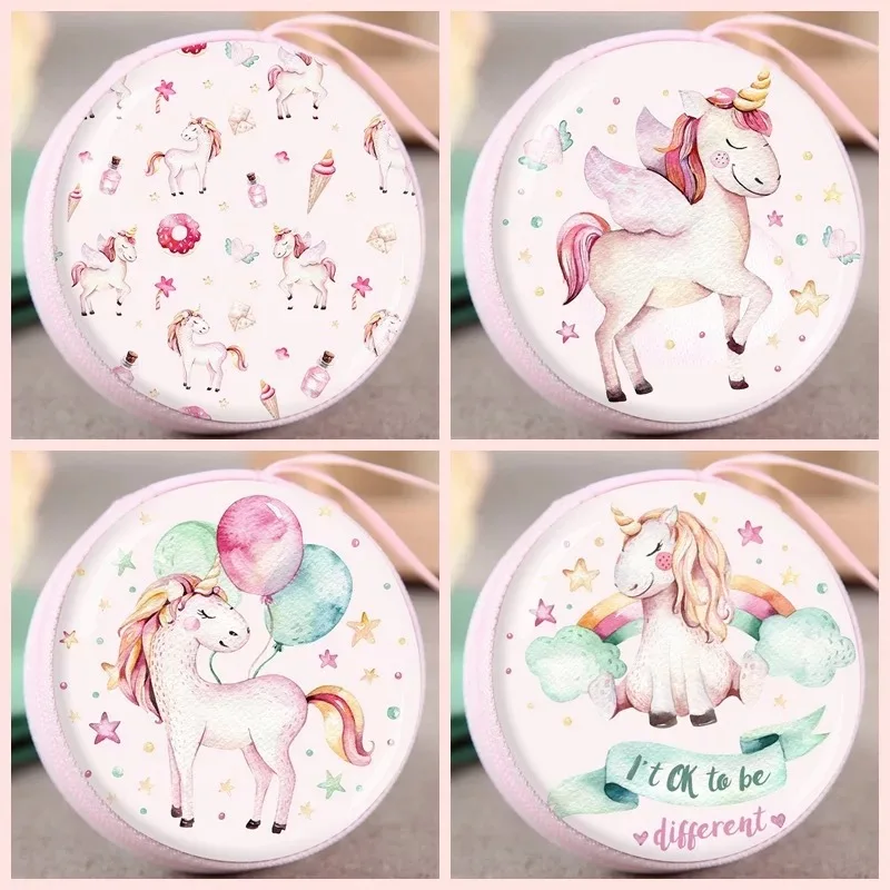 Unicorn Earphone Bags for Kid Girl Gift Iron Metal Key Stationery Card Anime Zippered Round Storage Hard Bag Headset Box SD TF