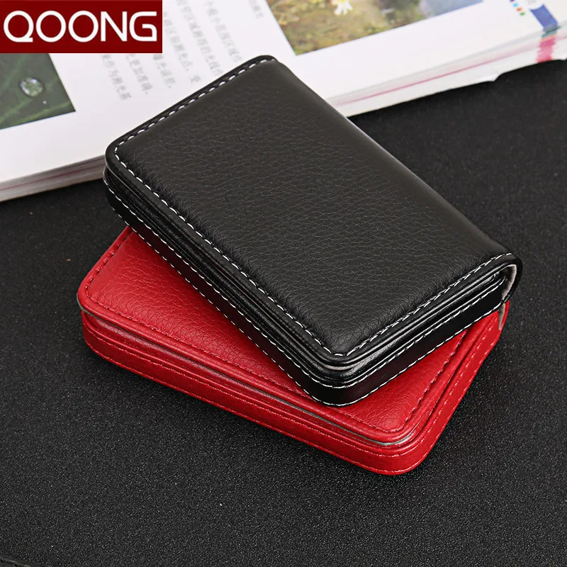 QOONG 2023 Fashion Men Women Leather Hasp Business Name ID Credit Card Holder Strong Magnetic Card Case Large Capacity KH1-024