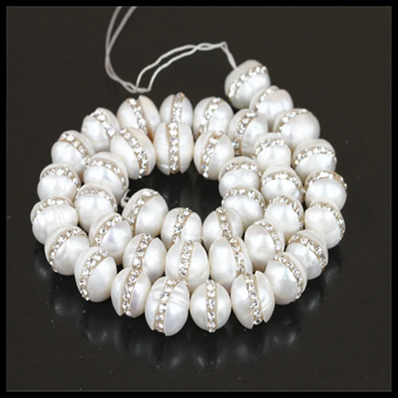 10mm Natural White Freshwater Pearl beads Pave Rhinestone Beads Jewelry findings accessory for jewelry making