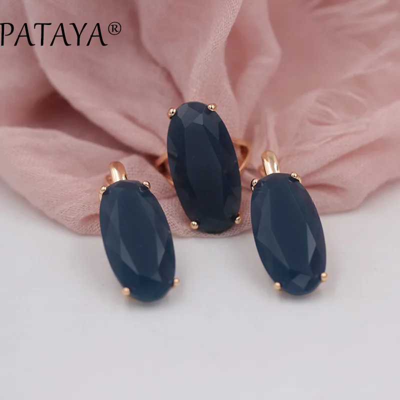 PATAYA New Bride 585 Rose Red Fine Jewelry Sets Green Oval Artificial Zircon Dangle Earrings Ring Sets Women Vintage Jewelry Set