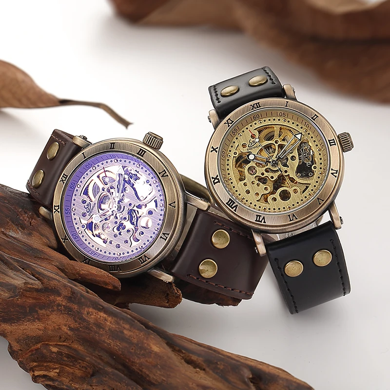 Retro Hollow Skeleton Automatic Mechanical Watches Men\'s Steampunk Bronze Leather Brand Unique Self-wind Mechanical Wristwatches