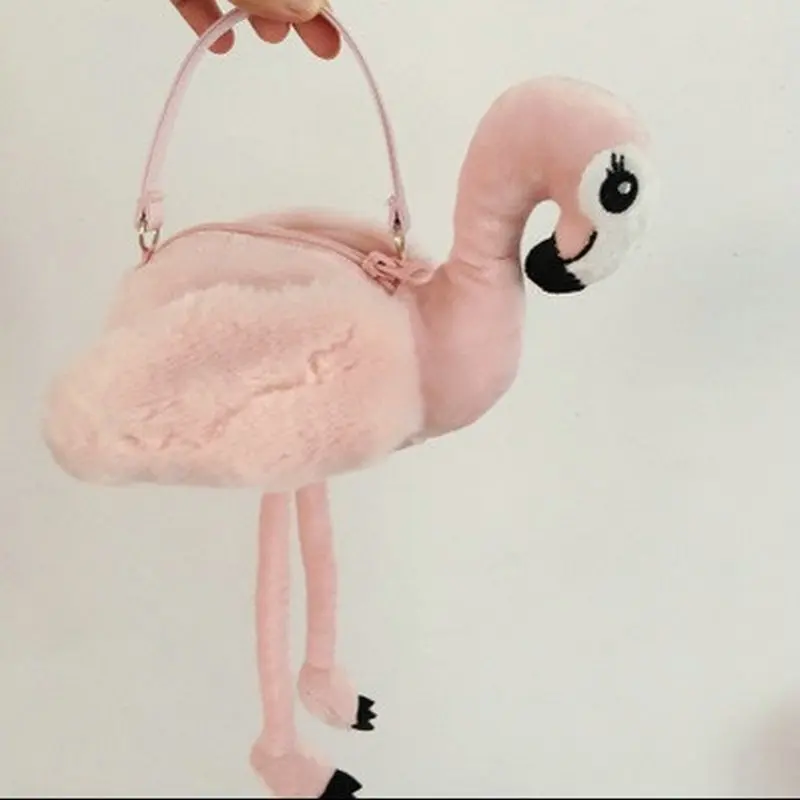 winter Women creative faux fur flamingo shaped tote bag photogragh tool lolita girl's cute money purse coin purse posture bag