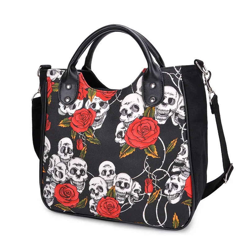 JIEROTYX Personality Trend Human Skeleton Printing Canvas Bag Gothic Women Handbag Fashion Skull Rose Canvas Big Bag Ladies