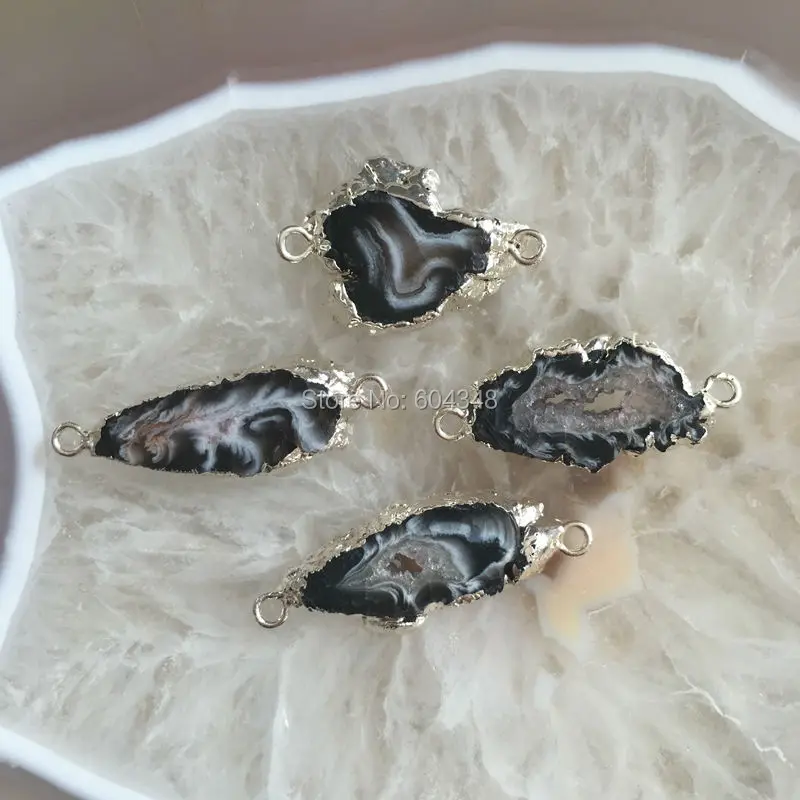 10pcs Nature Black  Quartz Geode  Gem Stone Connectors, Silver Color Crystal Drusy  Geode Pendant Beads Findings