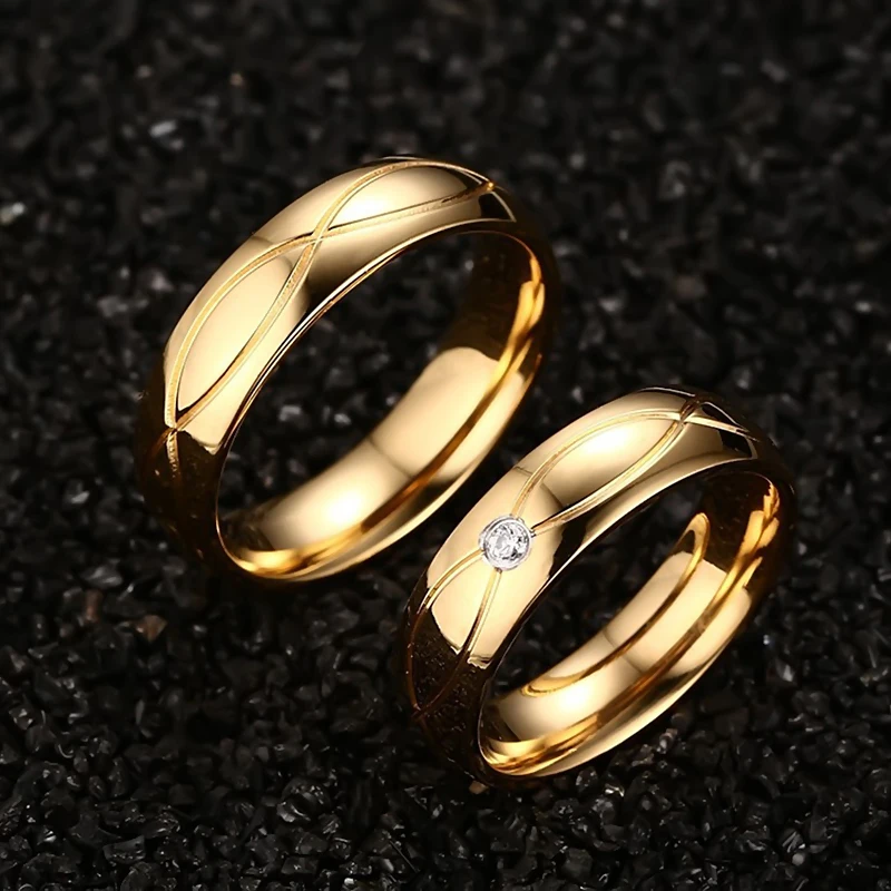 Gold Color CZ Stone Wedding Rings For Lover Stainless Steel Couple Rings Fashion Jewelry for Women and Men