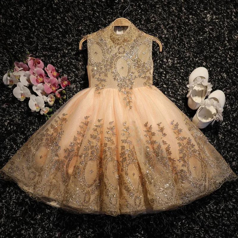 

Sequin Baby Dress Sleeveless Gold Tulle Baptism Dresses Newborn Girl 1 Year Birthday Wear Toddler Infant Christening Ball Gown