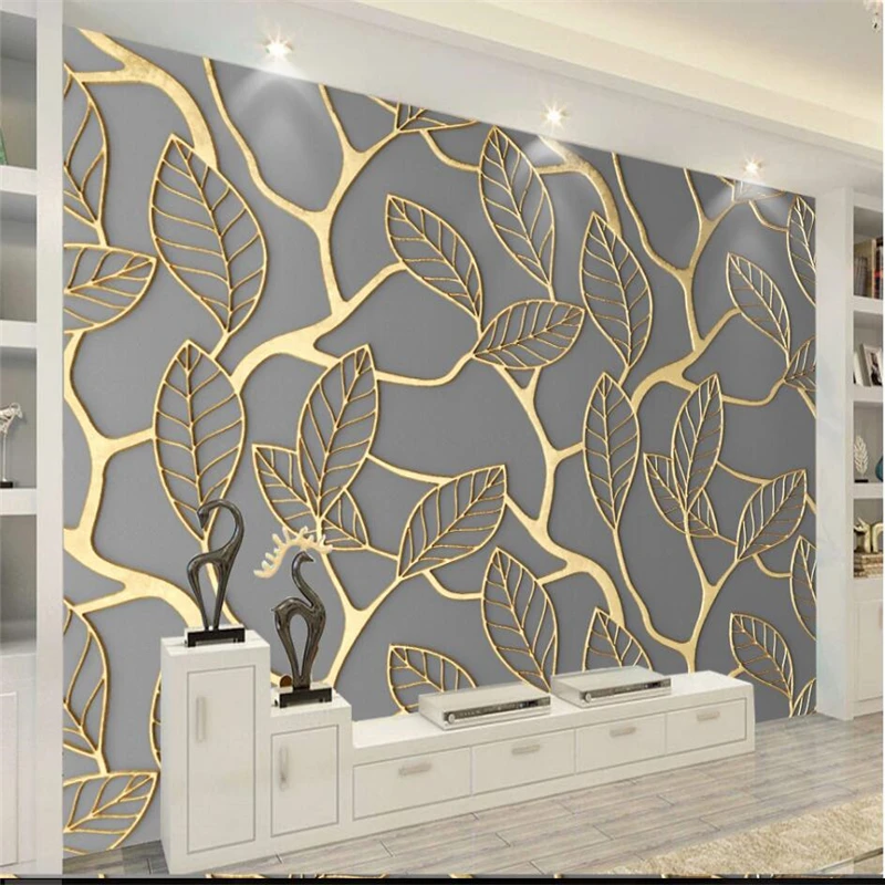 

beibehang Golden three-dimensional leaf TV background wall custom large mural green silk cloth material wallpaper