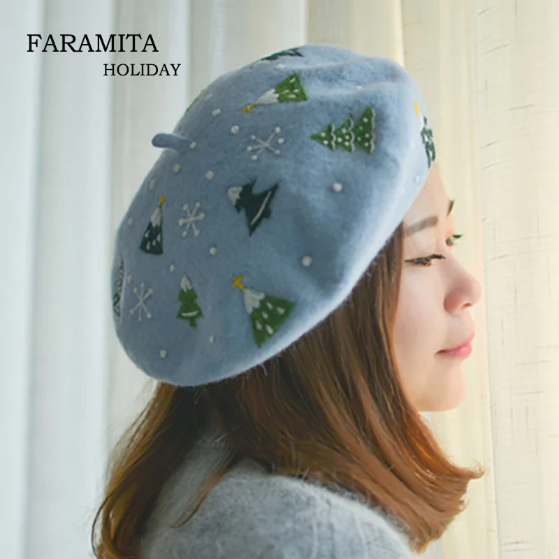 Faramita Holiday Christmas Tree Snow Women Hot Sale Soft Wool Solid Color Beret Hat Female Bonnet Caps All Matched Vintage Girls