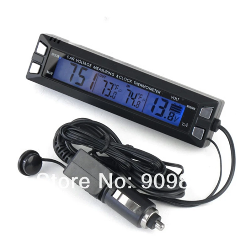 3in1 Digital LCD In/Outdoor Car Thermometer Battery Voltage Temperature Monitor Meter Car Clock Weather Station With Sensor