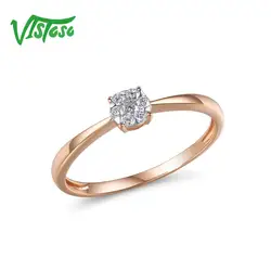 VISTOSO Pure 14K 585 Rose Gold With Sparkling Diamond Delicate Round Ring For Women Anniversary Engagement Trendy Fine Jewelry