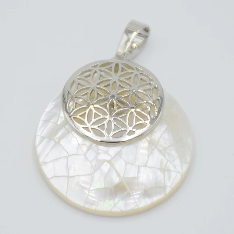 Natural Abalone Shell Flower of Life Necklace Pendant Reiki Amulets Round Hollow Out Circle Pendants for Women Men Charm Jewelry