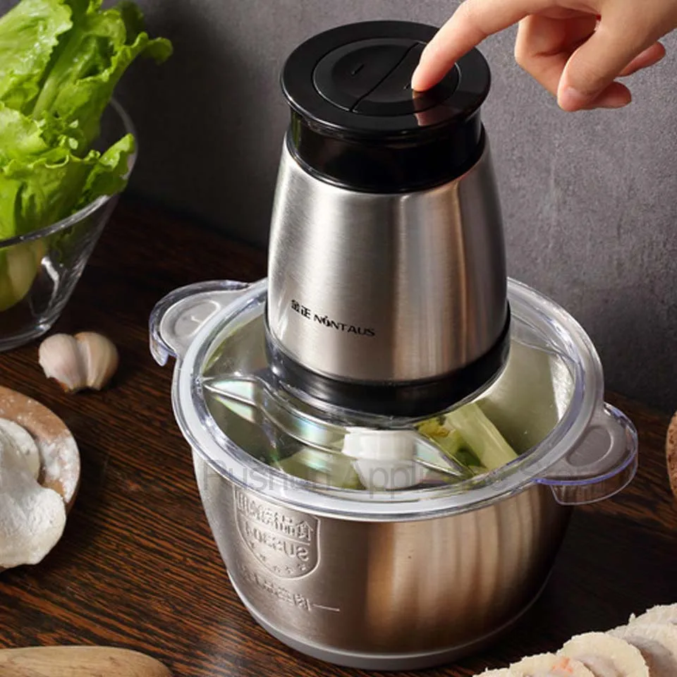 Hachoir électrique ménager en acier inoxydable, 2 vitesses, 1,8 l de capacité, pour hacher la viande, le gingembre, l'ail, le piment